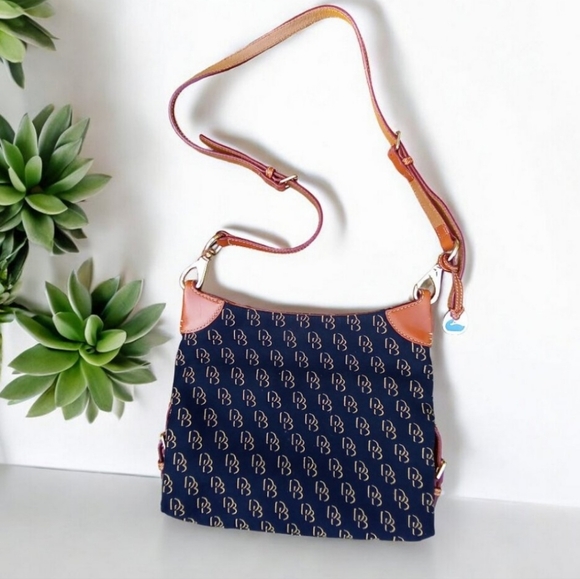 Dooney & Bourke Handbags - Dooney & Bourke Blue & Tan Monogram Canvas & Leather Shoulder Bag EUC